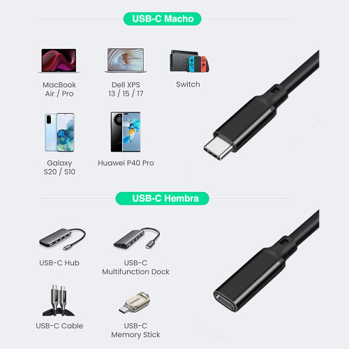 Cable extensión USB C de 1.8 mts macho hembra